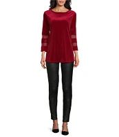 Slim Factor By Investments Crew Neck 3/4 Flared Mesh Sleeve Velvet Top