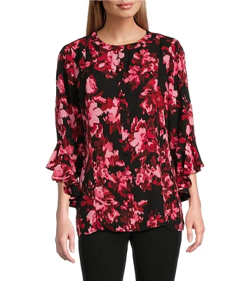 Slim Factor by Investments Crew Neck 3/4 Ruffle Sleeve Blouse