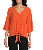 Slim Factor By Investments Dylan Puckered Stripe Tie Front V-Neck 3/4 Sleeve Top
