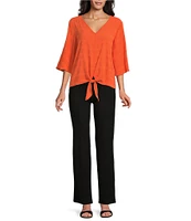 Slim Factor By Investments Dylan Puckered Stripe Tie Front V-Neck 3/4 Sleeve Top