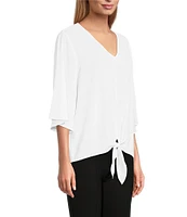Slim Factor By Investments Dylan Puckered Stripe Tie Front V-Neck 3/4 Sleeve Top