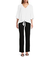 Slim Factor By Investments Dylan Puckered Stripe Tie Front V-Neck 3/4 Sleeve Top