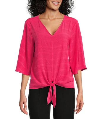 Slim Factor By Investments Dylan Puckered Stripe Tie Front V-Neck 3/4 Sleeve Top