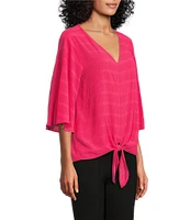 Slim Factor By Investments Dylan Puckered Stripe Tie Front V-Neck 3/4 Sleeve Top