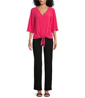 Slim Factor By Investments Dylan Puckered Stripe Tie Front V-Neck 3/4 Sleeve Top