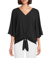 Slim Factor By Investments Dylan Puckered Stripe Tie Front V-Neck 3/4 Sleeve Top
