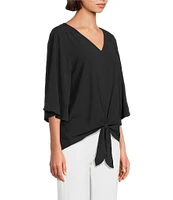 Slim Factor By Investments Dylan Puckered Stripe Tie Front V-Neck 3/4 Sleeve Top