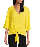 Slim Factor By Investments Dylan Puckered Stripe Tie Front V-Neck 3/4 Sleeve Top