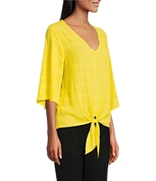 Slim Factor By Investments Dylan Puckered Stripe Tie Front V-Neck 3/4 Sleeve Top