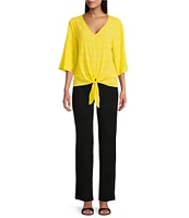 Slim Factor By Investments Dylan Puckered Stripe Tie Front V-Neck 3/4 Sleeve Top