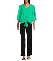 Slim Factor By Investments Dylan Puckered Stripe Tie Front V-Neck 3/4 Sleeve Top