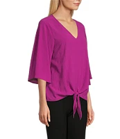 Slim Factor By Investments Dylan Puckered Stripe Tie Front V-Neck 3/4 Sleeve Top