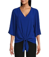 Slim Factor By Investments Dylan Puckered Stripe Tie Front V-Neck 3/4 Sleeve Top
