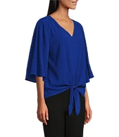 Slim Factor By Investments Dylan Puckered Stripe Tie Front V-Neck 3/4 Sleeve Top