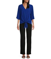 Slim Factor By Investments Dylan Puckered Stripe Tie Front V-Neck 3/4 Sleeve Top