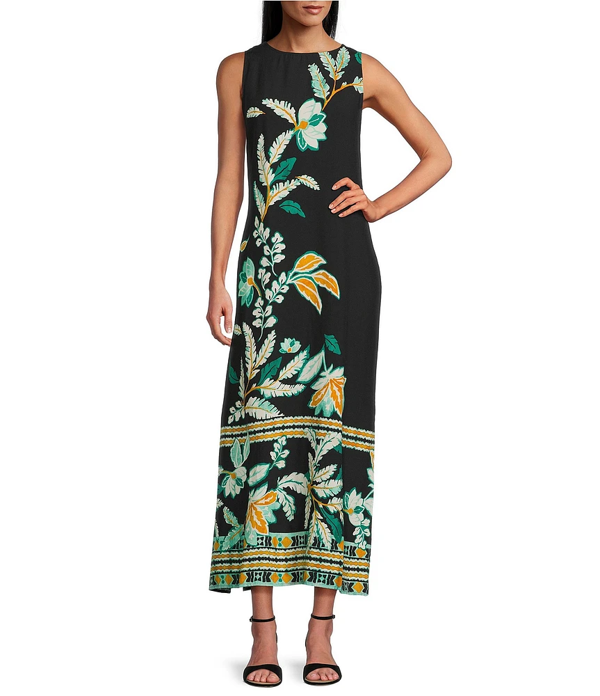 Slim Factor by Investments Fir Tropical Tapestry Print Sleeveless Crew Neck Maxi Dress