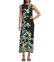 Slim Factor by Investments Fir Tropical Tapestry Print Sleeveless Crew Neck Maxi Dress