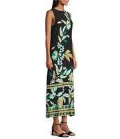 Slim Factor by Investments Fir Tropical Tapestry Print Sleeveless Crew Neck Maxi Dress