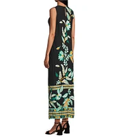 Slim Factor by Investments Fir Tropical Tapestry Print Sleeveless Crew Neck Maxi Dress