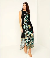 Slim Factor by Investments Fir Tropical Tapestry Print Sleeveless Crew Neck Maxi Dress