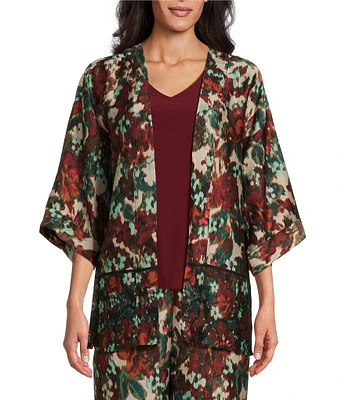 Slim Factor by Investments Floral Garden Border Print Open-Front 3/4 Sleeve Kimono