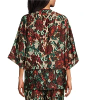 Slim Factor by Investments Floral Garden Border Print Open-Front 3/4 Sleeve Kimono