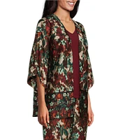 Slim Factor by Investments Floral Garden Border Print Open-Front 3/4 Sleeve Kimono