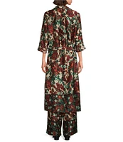 Slim Factor by Investments Floral Garden Border Point Collar Long Sleeve Self-Tie Button Front Maxi Duster