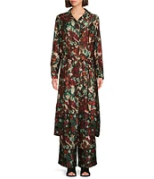 Slim Factor by Investments Floral Garden Border Point Collar Long Sleeve Self-Tie Button Front Maxi Duster