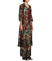 Slim Factor by Investments Floral Garden Border Point Collar Long Sleeve Self-Tie Button Front Maxi Duster