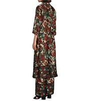 Slim Factor by Investments Floral Garden Border Point Collar Long Sleeve Self-Tie Button Front Maxi Duster