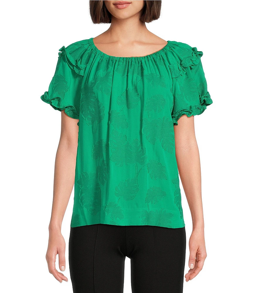 Slim Factor By Investments Heidi Palm Jacquard Elastic Linen Blend Crew Neckline Short Sleeve Top