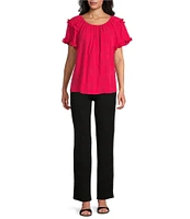 Slim Factor By Investments Heidi Palm Jacquard Elastic Linen Blend Crew Neckline Short Sleeve Top