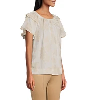 Slim Factor By Investments Heidi Palm Jacquard Elastic Linen Blend Crew Neckline Short Sleeve Top