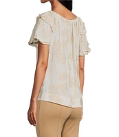 Slim Factor By Investments Heidi Palm Jacquard Elastic Linen Blend Crew Neckline Short Sleeve Top