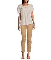 Slim Factor By Investments Heidi Palm Jacquard Elastic Linen Blend Crew Neckline Short Sleeve Top