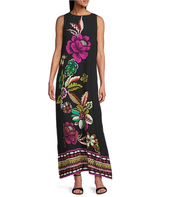 Slim Factor by Investments Hollyhock Garden Border Print Sleeveless Crew Neck Maxi Dress