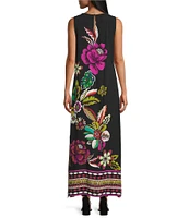 Slim Factor by Investments Hollyhock Garden Border Print Sleeveless Crew Neck Maxi Dress