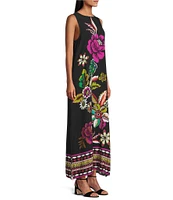 Slim Factor by Investments Hollyhock Garden Border Print Sleeveless Crew Neck Maxi Dress