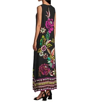 Slim Factor by Investments Hollyhock Garden Border Print Sleeveless Crew Neck Maxi Dress