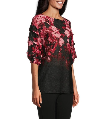 Slim Factor by Investments Ikat Floral Border Print Boat Neck Three Tier 3/4 Sleeve Top