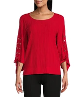 Slim Factor By Investments Josie Crew Neck 3/4 Sleeve Grommet Textured Top