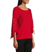 Slim Factor By Investments Josie Crew Neck 3/4 Sleeve Grommet Textured Top