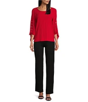 Slim Factor By Investments Josie Crew Neck 3/4 Sleeve Grommet Textured Top