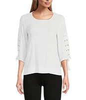 Slim Factor By Investments Josie Crew Neck 3/4 Sleeve Grommet Textured Top
