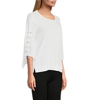 Slim Factor By Investments Josie Crew Neck 3/4 Sleeve Grommet Textured Top