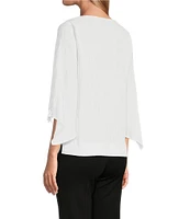 Slim Factor By Investments Josie Crew Neck 3/4 Sleeve Grommet Textured Top