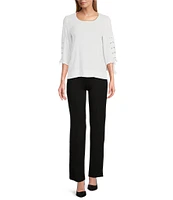Slim Factor By Investments Josie Crew Neck 3/4 Sleeve Grommet Textured Top