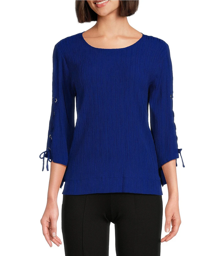 Slim Factor By Investments Josie Crew Neck 3/4 Sleeve Grommet Textured Top