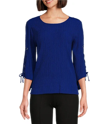 Slim Factor By Investments Josie Crew Neck 3/4 Sleeve Grommet Textured Top